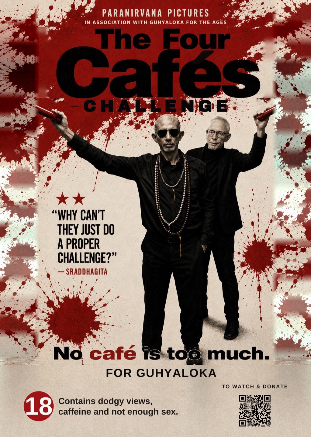 The Four Cafés Challenge — film-style poster. Two men in black against a red splatter background. Tagline: “No café is too much.”